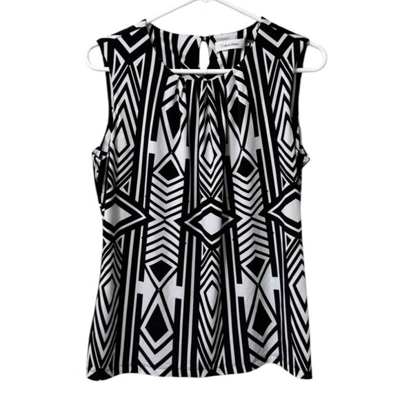 Calvin Klein Women White & Black Sleeveless Blouse Size Medium Keyhole Office - Picture 1 of 9